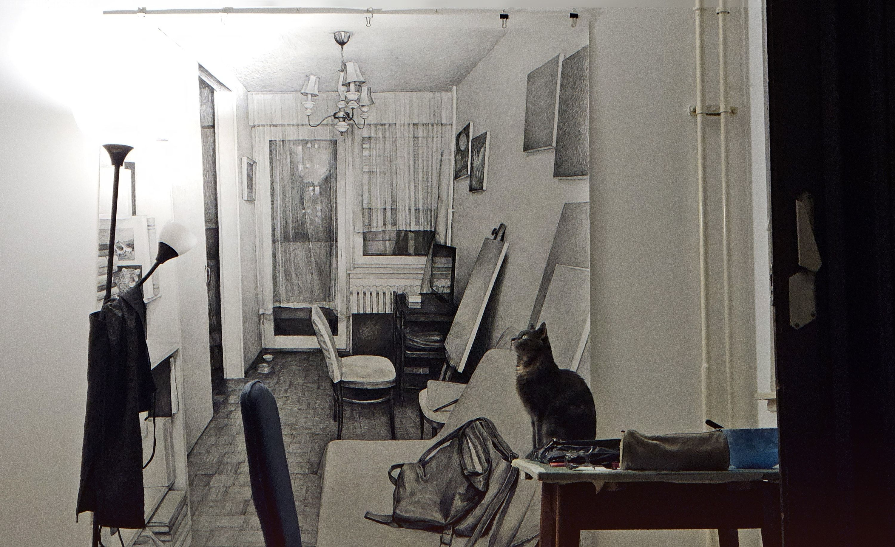 A large charcoal drawing of a room hangs on a wall and merges with the real room in front of it: a lamp, a coat, a chair and a cat.